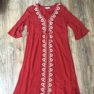 Piper and Scoot Red/Orange Midi Dress w/embroidery